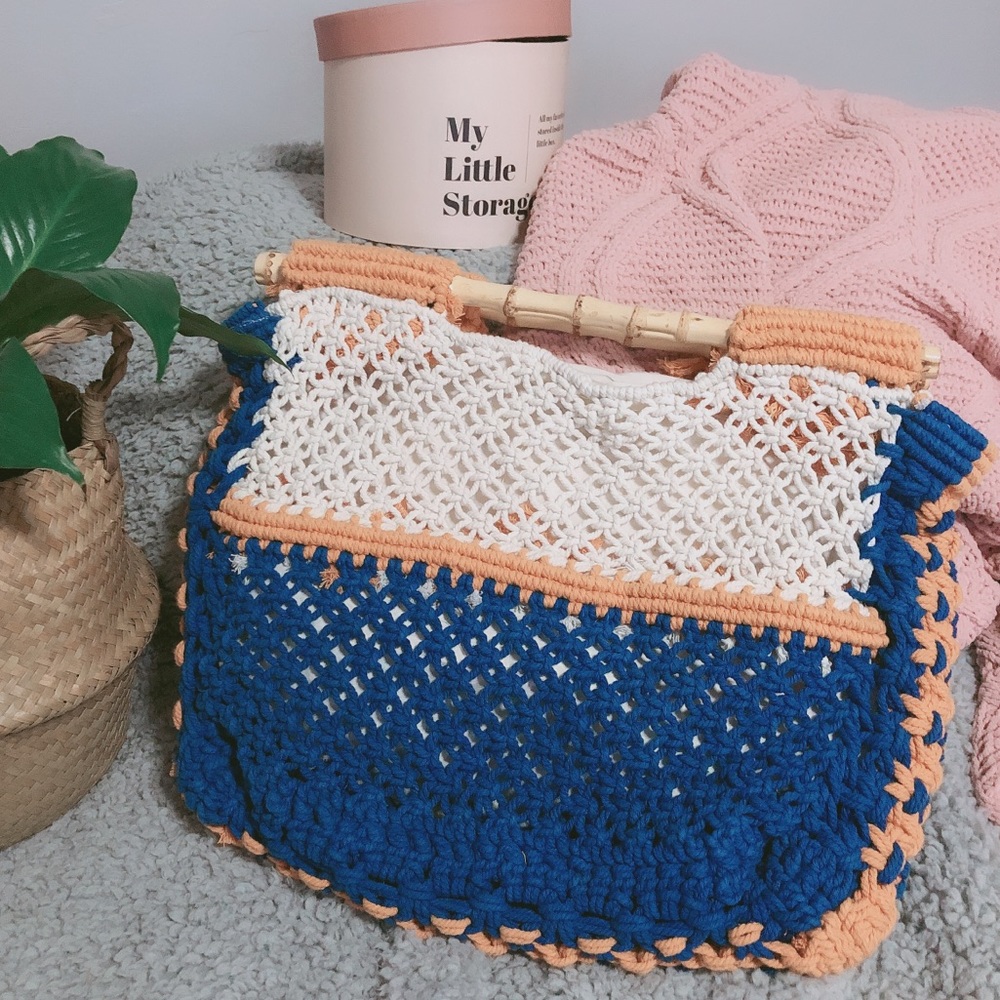 Boho Macrame Tote w/ Bamboo handles Blue & Orange